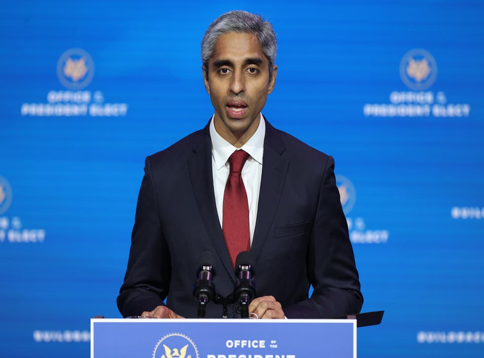 <p>Surgeon General Vivek Murthy speaks at a news conference on 8 December 2020 </p>