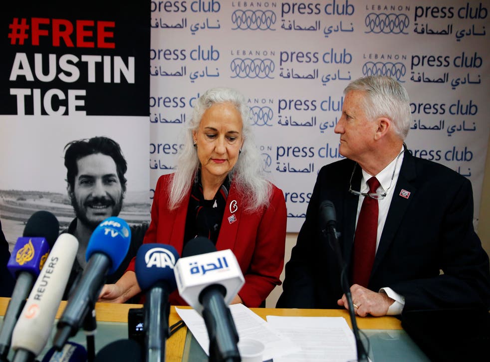 <p>In this Dec. 4, 2018, file photo Marc and Debra Tice, the parents of Austin Tice, who is missing in Syria, speak during a press conference, at the Press Club, in Beirut, Lebanon.</p>