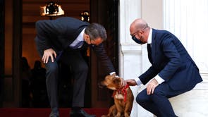 Greek Prime Minister Kyriakos Mitsotakis accompanied by his dog Peanut welcomes European Council President Charles Michel at the Maximos Mansion in Athens, Griekeland