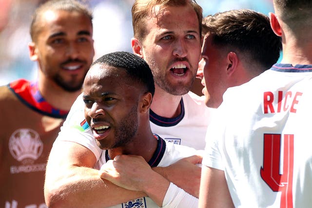 Raheem Sterling celebrates with Harry Kane after scoring England’s first goal of the Euro 2021 tournament in a match against Croatia at Wembley