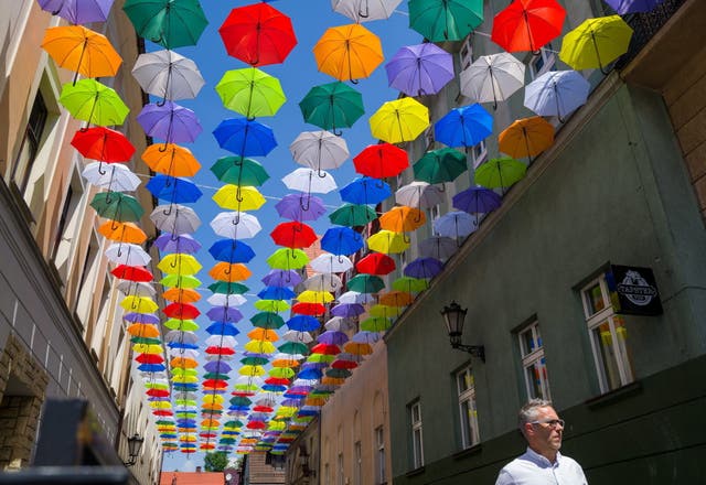 Several hundred brightly coloured umbrellas decorate the Bankowa Street walkway in Pszczyna, southern Poland