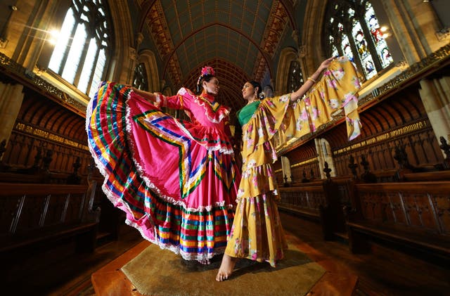 Dancers from the Billingham Festival and Balbir Singh Dance Company, during a preview for the The Two Fridas, UK Summer tour, presented by Billingham International Folklore Festival of World Dance in collaboration with Balbir Singh Dance Company, inspired by the life and times of female artists Frida Kahlo and Amrita Sher-Gil , which opens on July 10 at Ushaw Historic House, Chapel and Gardens in Durham
