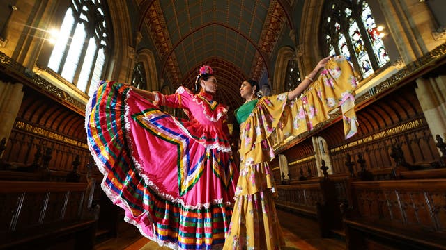 Dancers from the Billingham Festival and Balbir Singh Dance Company, during a preview for the The Two Fridas, UK Summer tour, presented by Billingham International Folklore Festival of World Dance in collaboration with Balbir Singh Dance Company, inspired by the life and times of female artists Frida Kahlo and Amrita Sher-Gil , which opens on July 10 at Ushaw Historic House, Chapel and Gardens in Durham