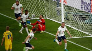 England’s Jordan Henderson celebrates after scoring his first international goal, his side’s fourth against Ukraine during the Euro 2020 quarter final match at the Olympic stadium in Rome