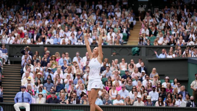Karolina Pliskova celebrates after defeating Aryna Sabalenka during the women's singles semifinals match on day ten of the Wimbledon Tennis Championships in London