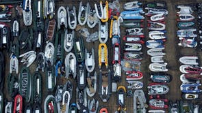 A view of one of two areas now being used at a warehouse facility in Dover, 肯特, for boats used by people thought to be migrants.