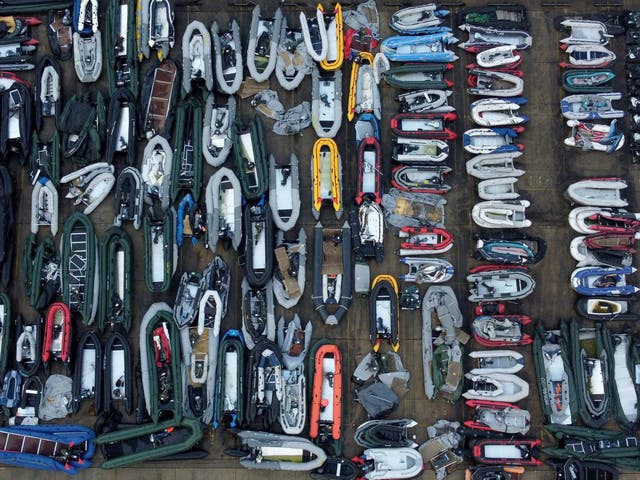 A view of one of two areas now being used at a warehouse facility in Dover, Kent, for boats used by people thought to be migrants. 