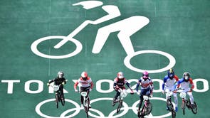 Athletes compete in the BMX men’s Olympic quarter-finals run at the Ariake Urban Sports Park in Tokyo