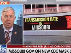 Missouri governor swears-off mask mandate as he appears on Fox News next to red alarm Covid map of state