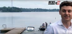 TV reporter’s live piece to camera interrupted by pickup truck sinking into lake behind him