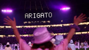 Thank you messages is displayed inside the stadium during the Olympic closing ceremony in Tokyo