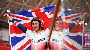 Gold Medallist Great Britain’s cyclist, Sarah Storey, celebrates after winning the Women’s C5 3000m Individual Pursuit Final at the Tokyo 2020 Paralympic Games. It was her 15th Paralympic gold