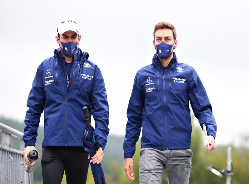 <p>Nicolas Latifi and George Russell arrive before the race</p>