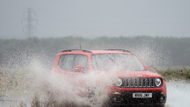 Heavy rain covers the A149 near Kings Lynn in Norfolk