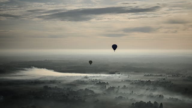 Hot air balloons fly over a forest at sunrise in the area of Saint-Emilion, southern France