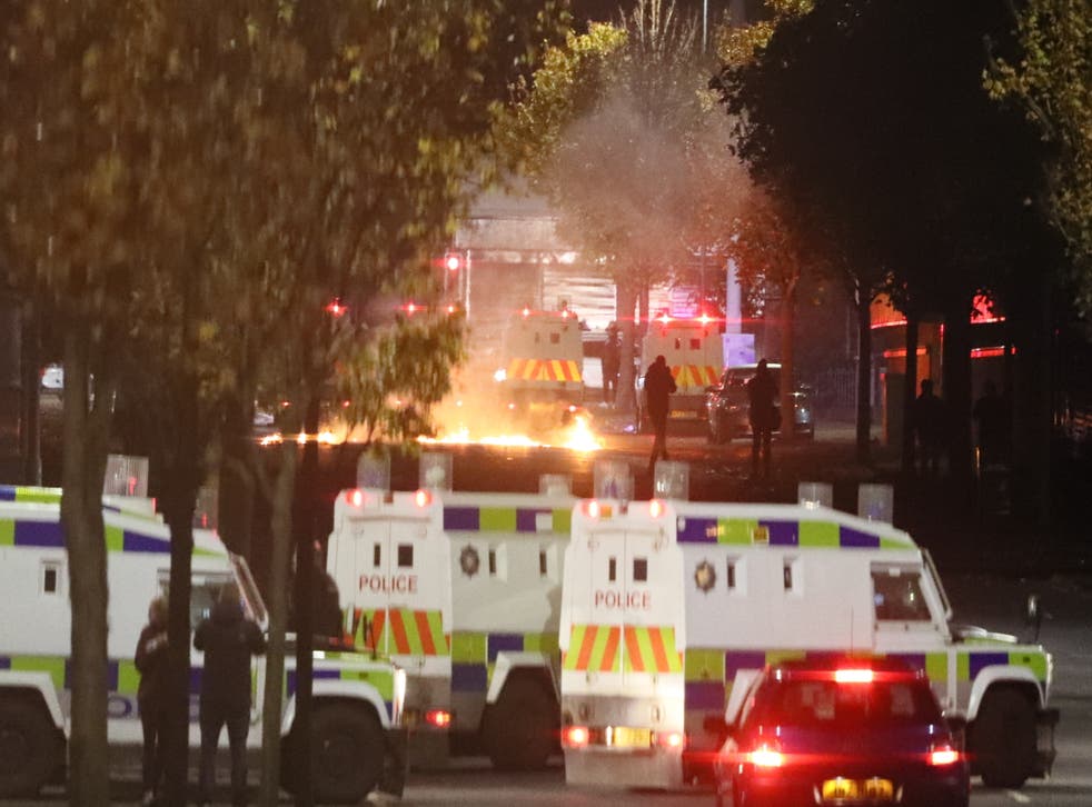 <p>Missiles and fireworks being thrown at police on Lanark Way in the Loyalist Shankill Road area close to the peace wall. </p>