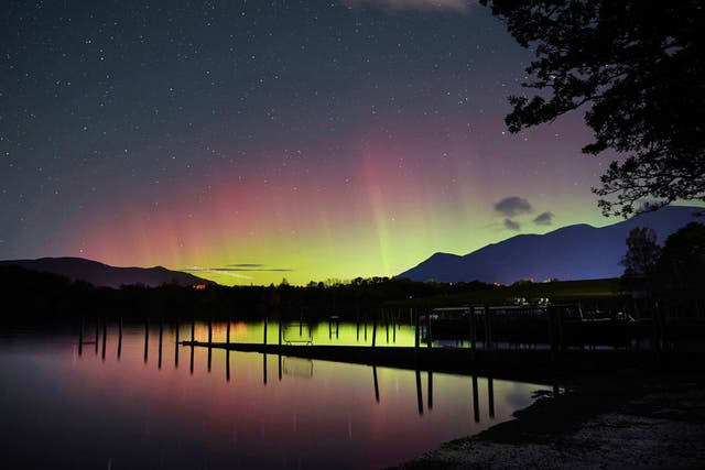   A spectacular display of the Northern Lights seen over Derwentwater, near Keswick in the Lake District