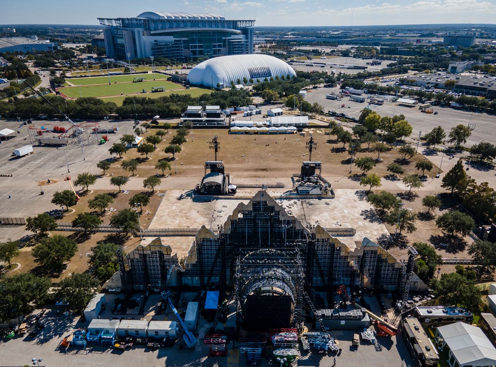 <p>The Astroworld main stage where Travis Scott was performing Friday evening where a surging crowd killed eight people, sits in a parking lot at NRG Center on Monday, 8 November 2021, in Houston</p>