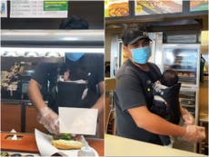 ‘Normalise this’: Subway worker with baby strapped to his chest sparks debate on working parents