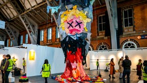 A giant installation of Prime Minister Boris Johnson made from recycled clothing goes on display at Manchester Central, as part of Manchester Art Fair, in a 'wake-up call for the Prime Minister to tackle textile waste'