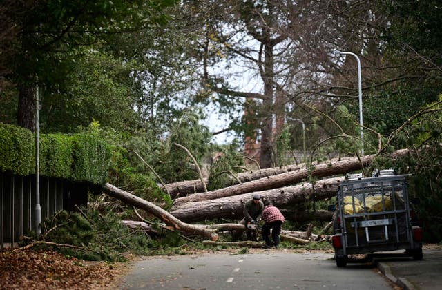 Residents clear branches from a fallen tree in Birkenhead, north west England as “Storm Arwen” triggered a rare “red weather” warning