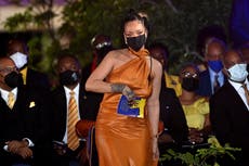 Rihanna wears orange gown at event marking Barbados new republic status