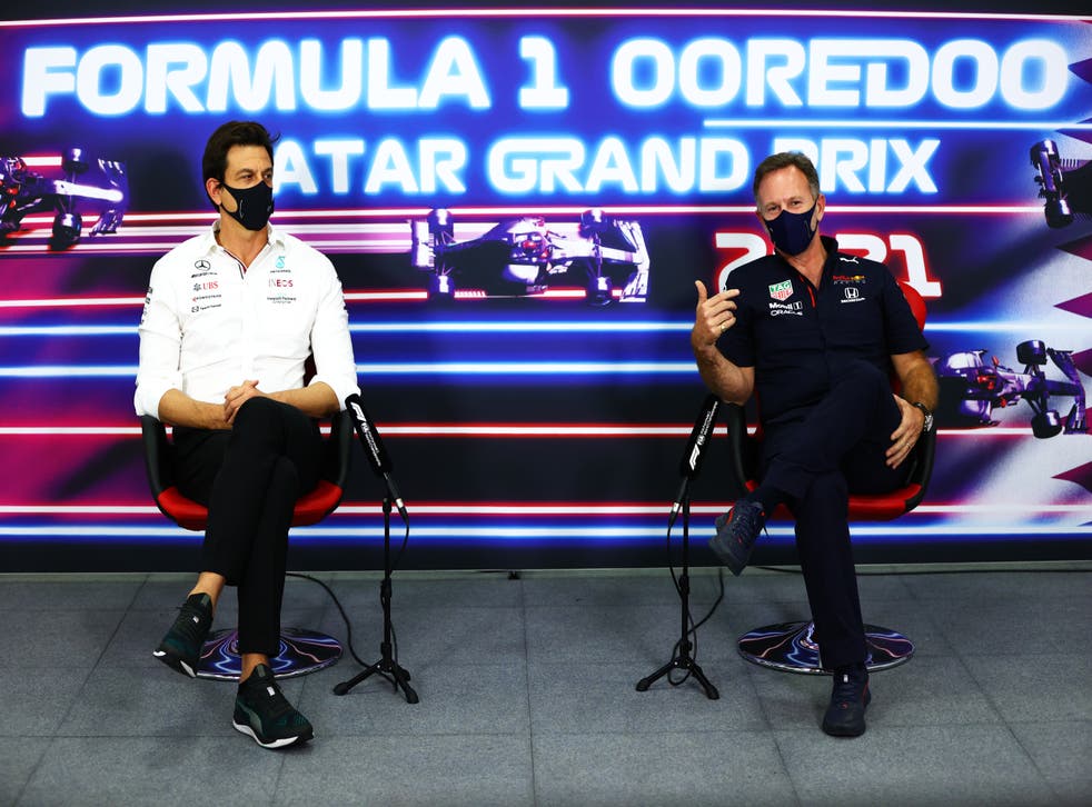 <p>Mercedes GP Executive Director Toto Wolff and Red Bull Racing Team Principal Christian Horner at the Grand Prix of Qatar</磷>