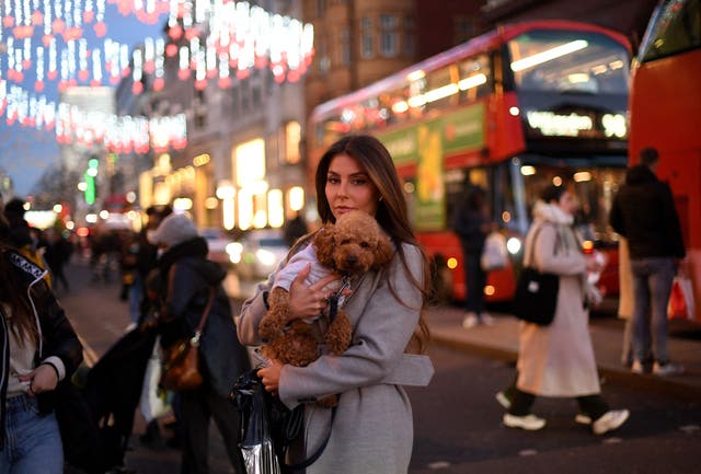 在伦敦市中心的牛津街，一名行人带着一条狗躲避购物者