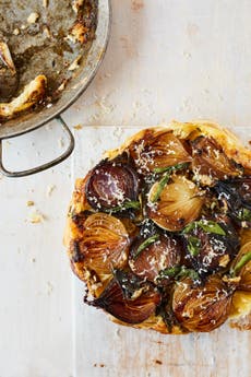 You won’t miss dairy in this vegan cheese and onion tarte tatin