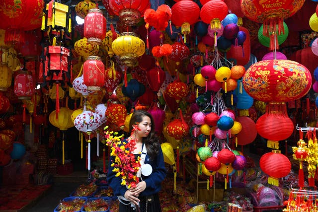 A shopkeeper poses for a photo in front of a shop selling decorations in the old quarter of Hanoi ahead of the Lunar New Year or Tet holiday