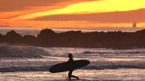 Les surfeurs entrent dans la mer alors que le soleil se lève sur Tynemouth sur la côte nord-est