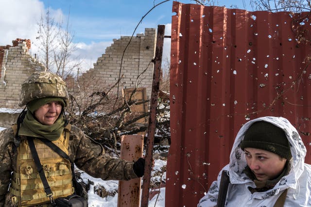 Ira and Katya, Ukrainian soldiers with the 56th Brigade, on the front line in Pisky, Ukraina