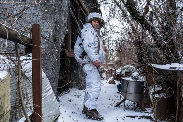 Mykola, a Ukrainian soldier with the 56th Brigade, near the front line in Pisky, Ukraine