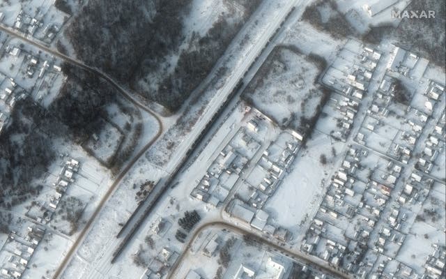 A satellite image shows equipment deployed at Klimovo Railyard in Klimovo, Russland