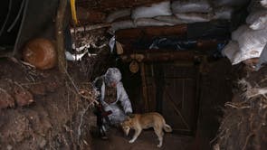 An Ukrainian Military Forces serviceman, caresses a dog in a dugout on the frontline with Russia-backed separatists near Gorlivka, Donetsk region