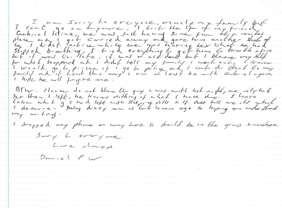 The fake suicide note written by Port and planted on Mr Whitworth’s body (Police métropolitaine/AP)