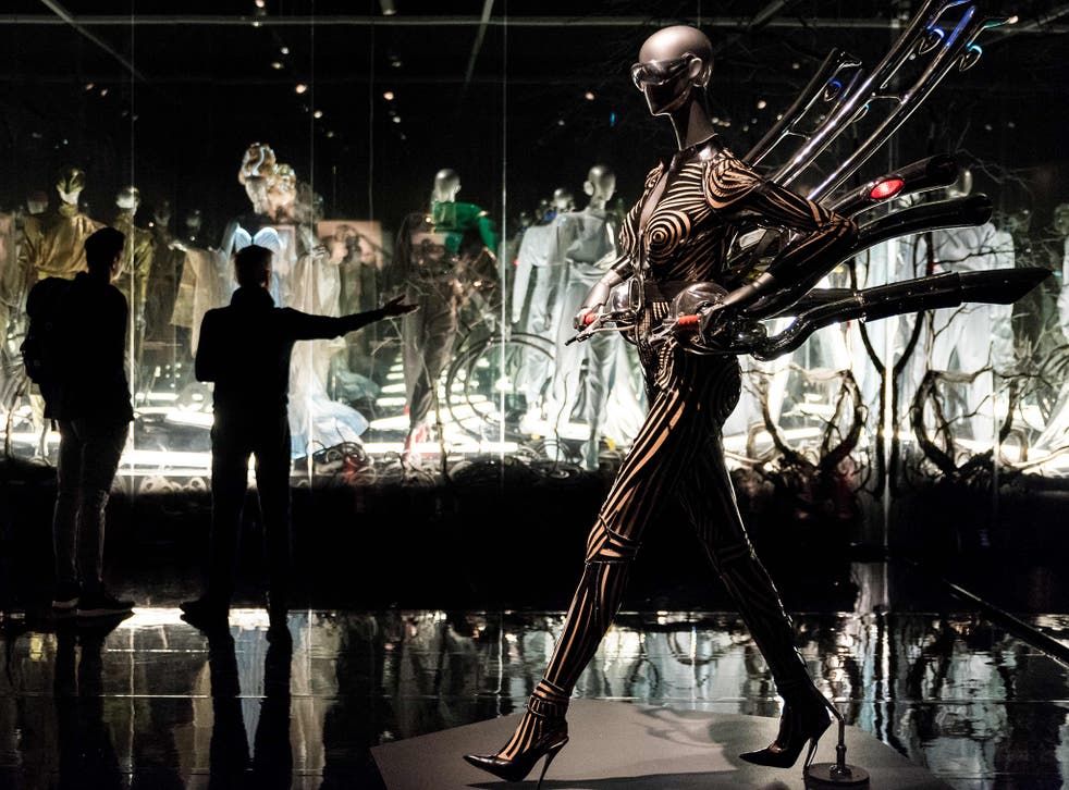 <p>Futuristic outfits on display at Mugler’s exhibit ‘Couturissime’ at the Montreal Museum of Fine Arts</磷>