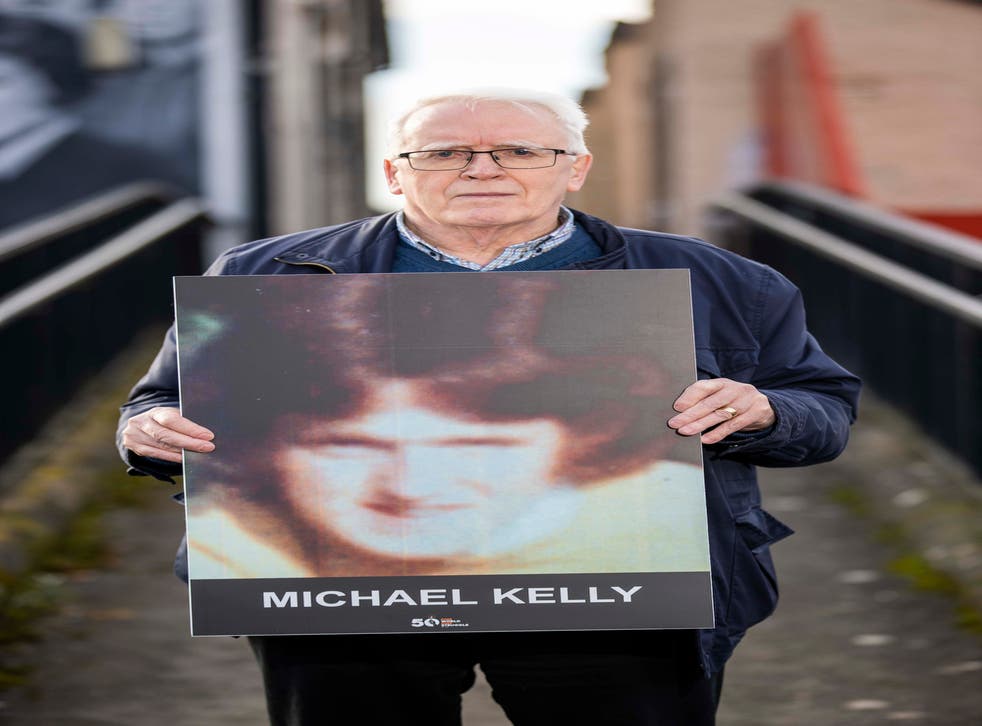 John Kelly brother of Michael Kelly killed on Bloody Sunday in Derry’s Bogside in 1972, stands holding an image of his brother. PA Photo. Picture date: Monday January 24 2022. See PA story ULSTER BloodySunday. Photo credit should read: Liam McBurney/PA Wire