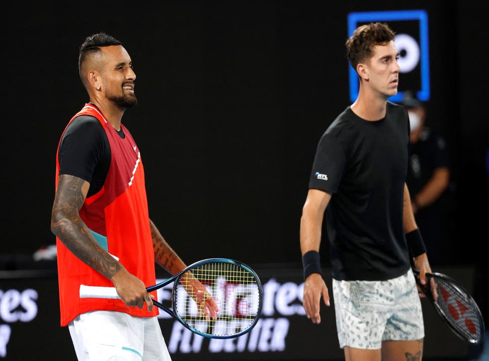 <p>Nick Kyrgios and Thanasi Kokkinakis during the final against Matthew Ebden and Max Purcell</s>