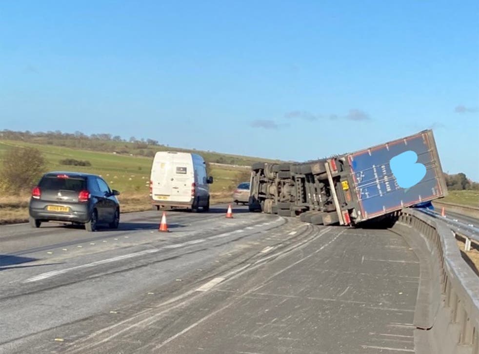 <p>Overturned lorry on the A1 near Hartlepool</p>