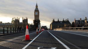 A newly painted bicycle sign is seen on the middle of the road at Westminster Bridge, as the new Highway Code rules start today together with giving pedestrians priority at junctions
