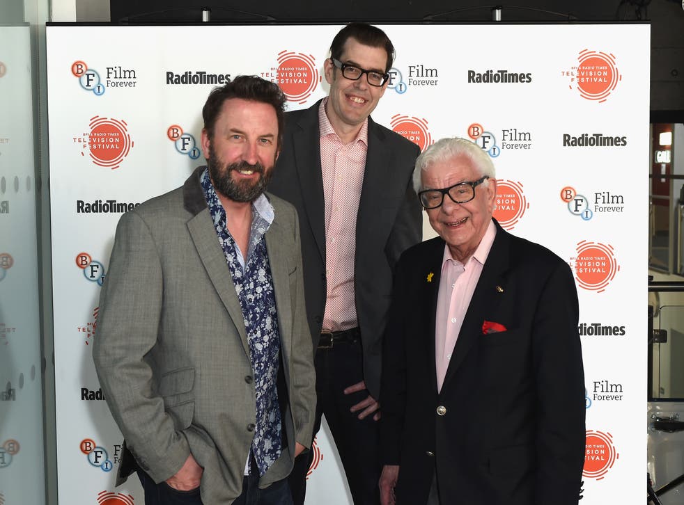 <p>With comedian Lee Mack and television presenter and author Richard Osman  in London, April 2017 </p>