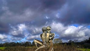 "The Nuba Survival" is a five-metre-tall statue of two skeletons locked in an embrace in Checkendon, 牛津郡. The statue was created by local artist John Buckley