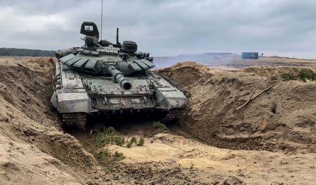 A tank during joint exercises of the armed forces of Russia and Belarus as part of an inspection of the Union State’s Response Force, at a firing range near Brest