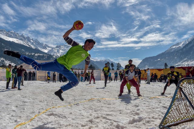 People participate in the Winter Snow Sports Festival in Kalam