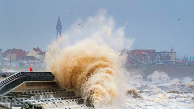 Waves crashing on the seafront at Blackpool before Storm Dudley hits the north of England