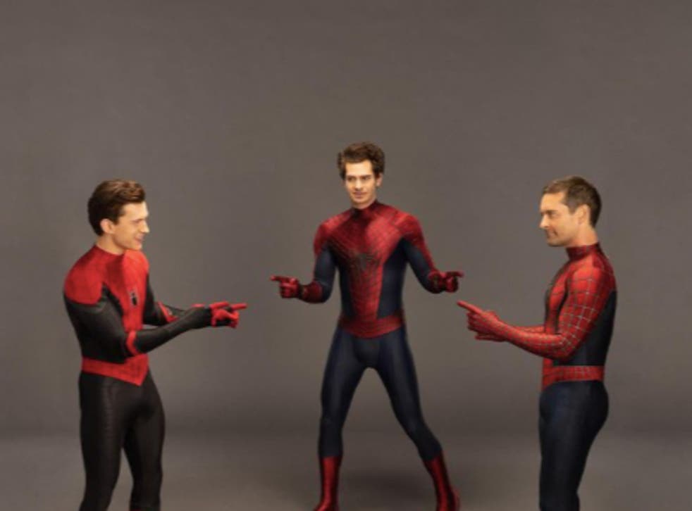 <p>Tom Holland, Andrew Garfield and Tobey Maguire recreate the cartoon Spider-Man meme</p>