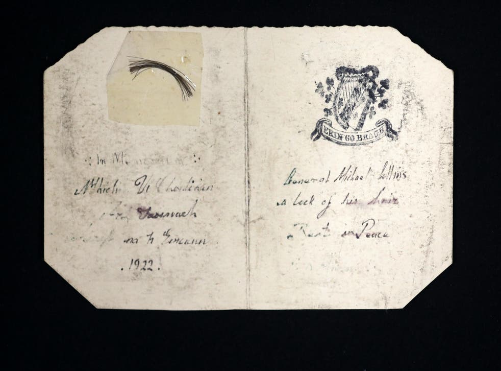 A lock of Michael Collins’ hair alongside the words ‘General Michael Collins, a lock of his hair. Rest in Peace.’ (BloomfieldAuctions/PA)