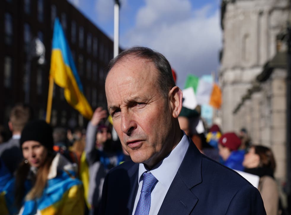 Taoiseach Micheal Martin meets people attending a demonstration outside Leinster House (Brian Lawless/PA)