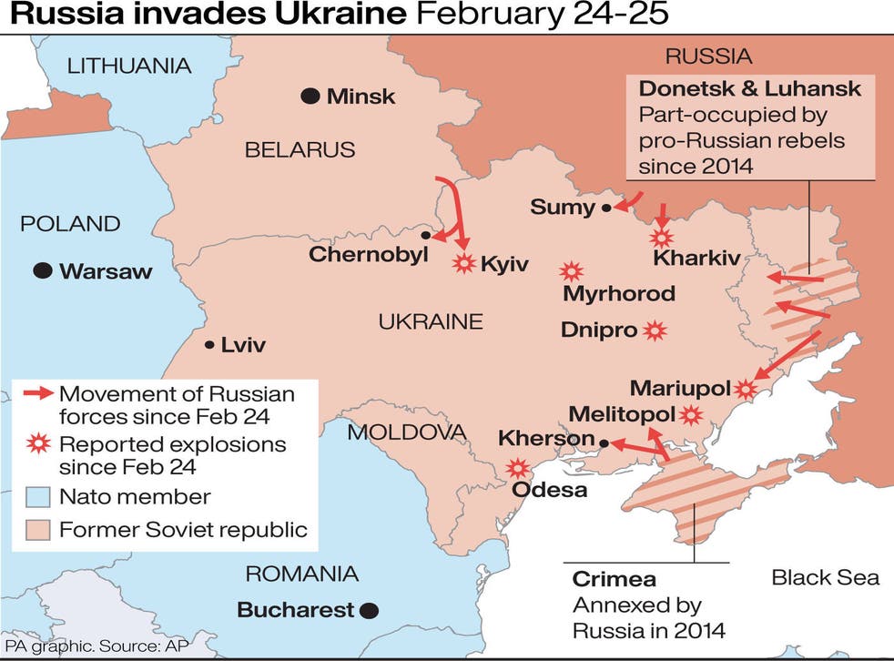 <p>This map details the progress of Russia’s invasion of Ukraine during Thursday and Friday</p>